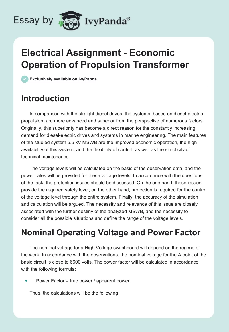Electrical Assignment - Economic Operation of Propulsion Transformer. Page 1