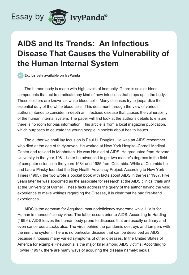AIDS and Its Trends:  An Infectious Disease That Causes the Vulnerability of the Human Internal System. Page 1