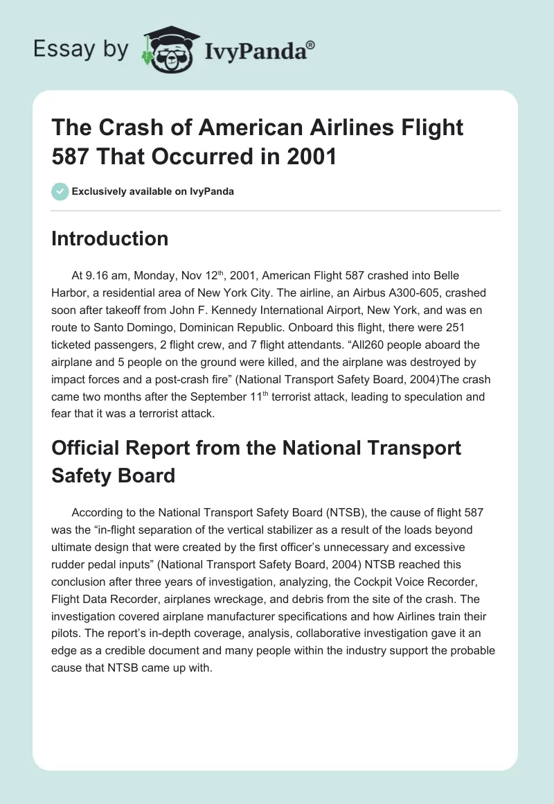 The Crash of American Airlines Flight 587 That Occurred in 2001. Page 1