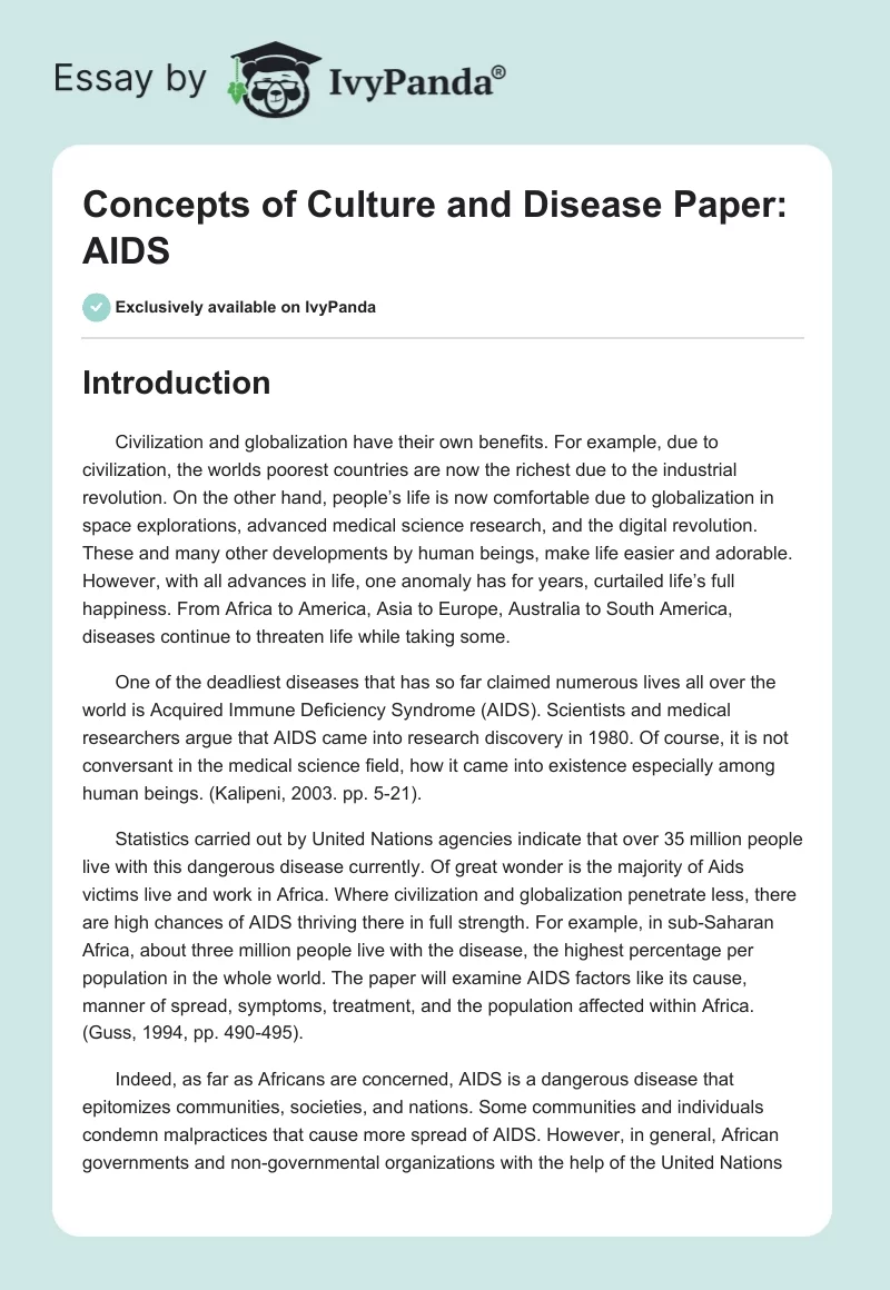 Concepts of Culture and Disease Paper: AIDS. Page 1