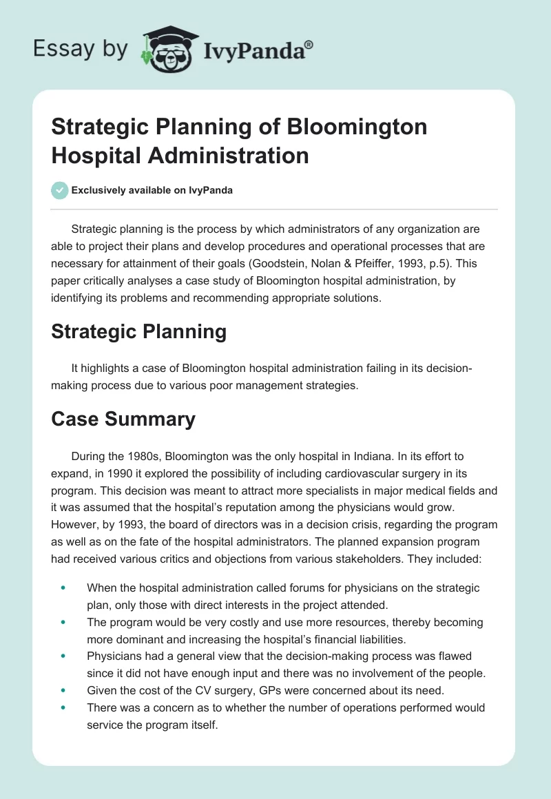 Strategic Planning of Bloomington Hospital Administration. Page 1