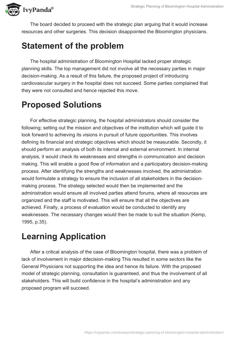 Strategic Planning of Bloomington Hospital Administration. Page 2