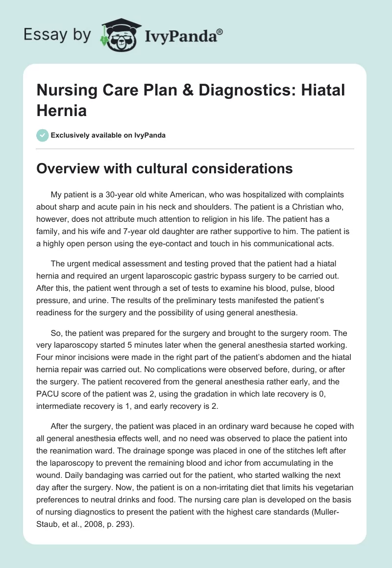 Nursing Care Plan & Diagnostics: Hiatal Hernia. Page 1