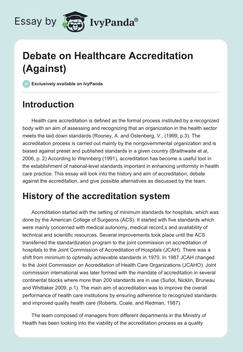 Debate on Healthcare Accreditation (Against). Page 1