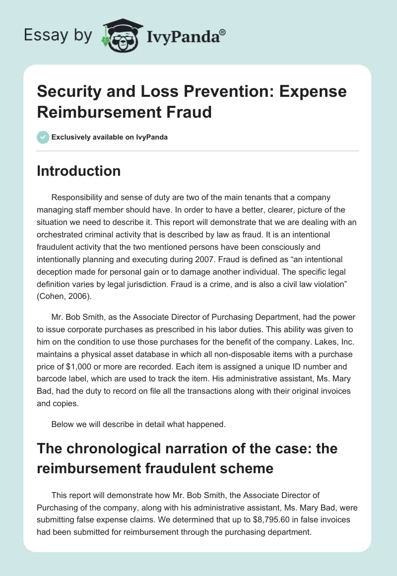 Security and Loss Prevention: Expense Reimbursement Fraud. Page 1