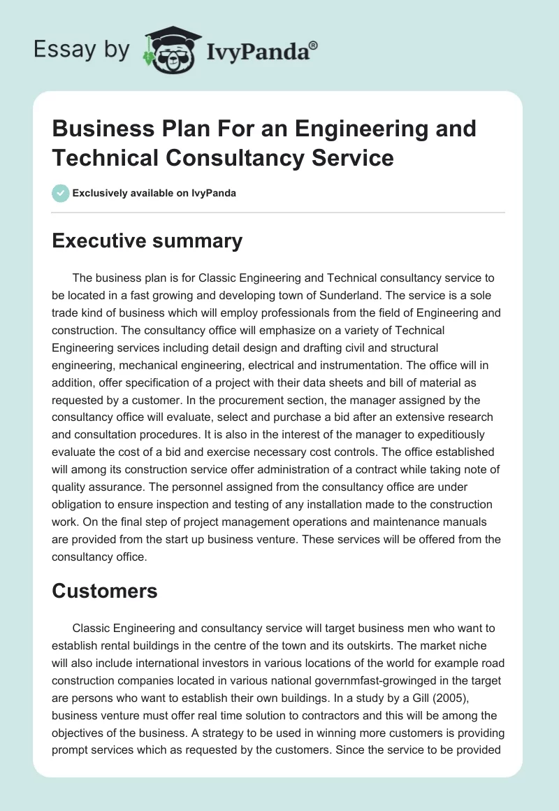Business Plan For an Engineering and Technical Consultancy Service. Page 1