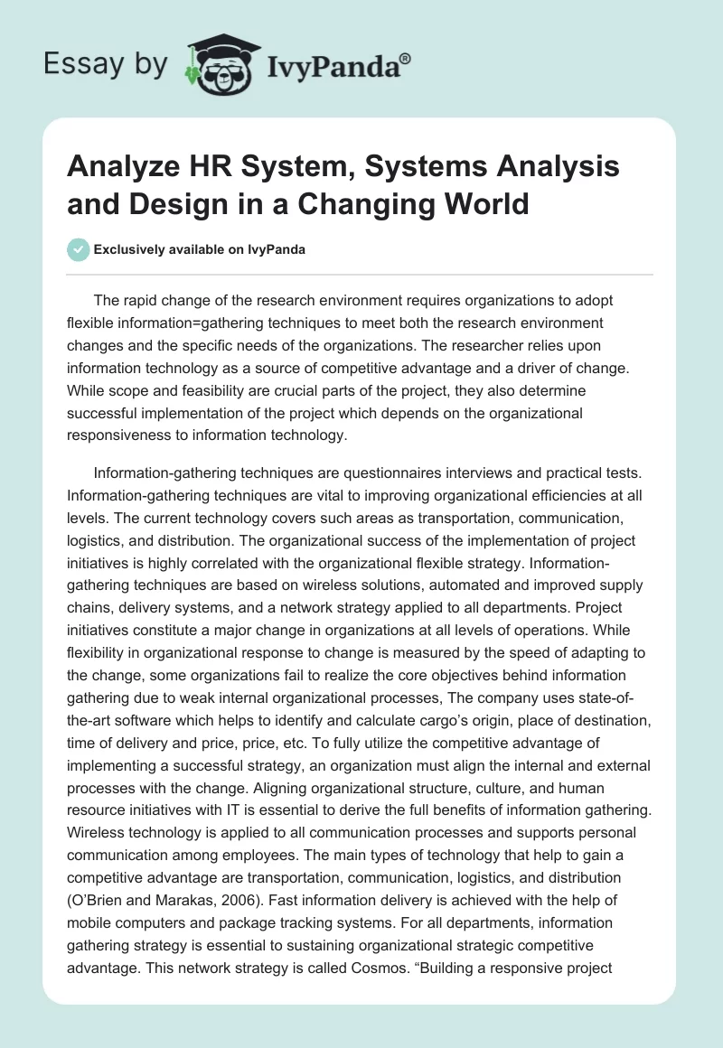 Analyze HR System, Systems Analysis and Design in a Changing World. Page 1