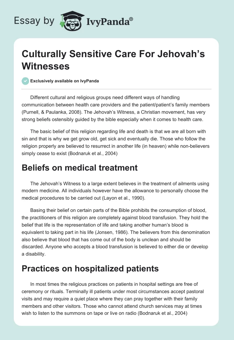 Culturally Sensitive Care For Jehovah’s Witnesses. Page 1