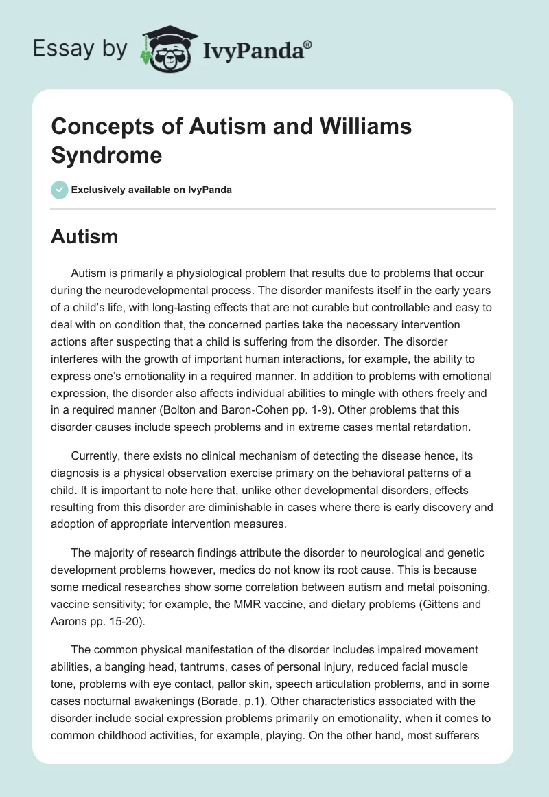 Concepts of Autism and Williams Syndrome. Page 1