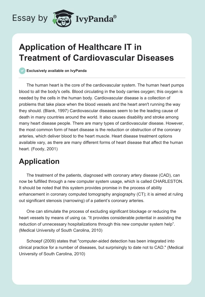 Application of Healthcare IT in Treatment of Cardiovascular Diseases. Page 1