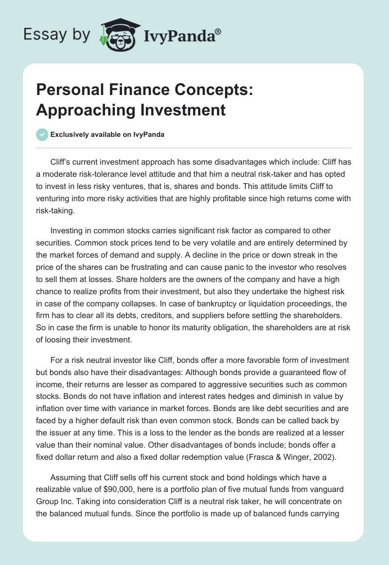 Personal Finance Concepts: Approaching Investment. Page 1
