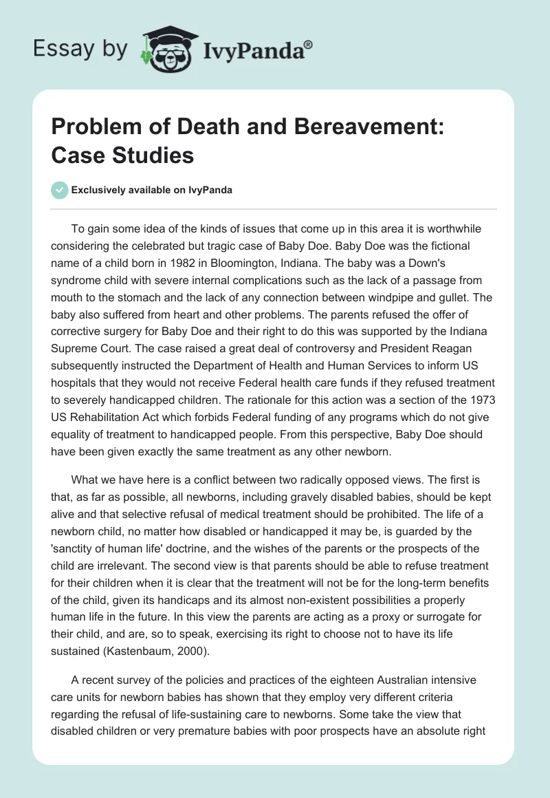 Problem of Death and Bereavement: Case Studies. Page 1