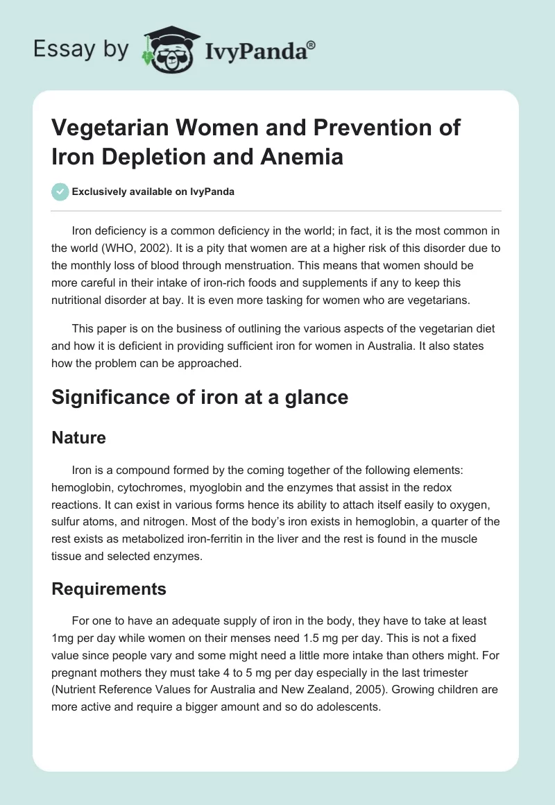 Vegetarian Women and Prevention of Iron Depletion and Anemia. Page 1