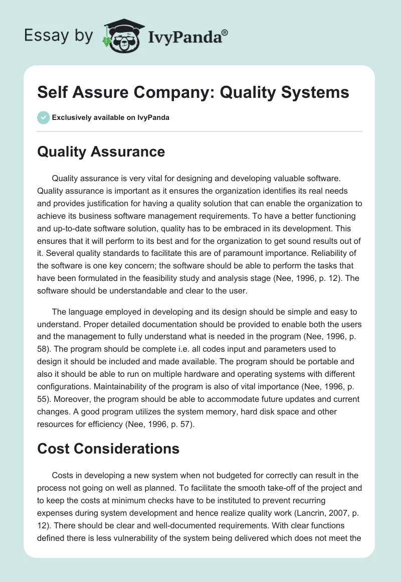 Self Assure Company: Quality Systems. Page 1