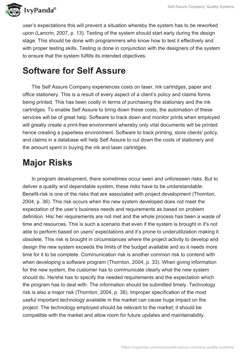 Self Assure Company: Quality Systems. Page 2