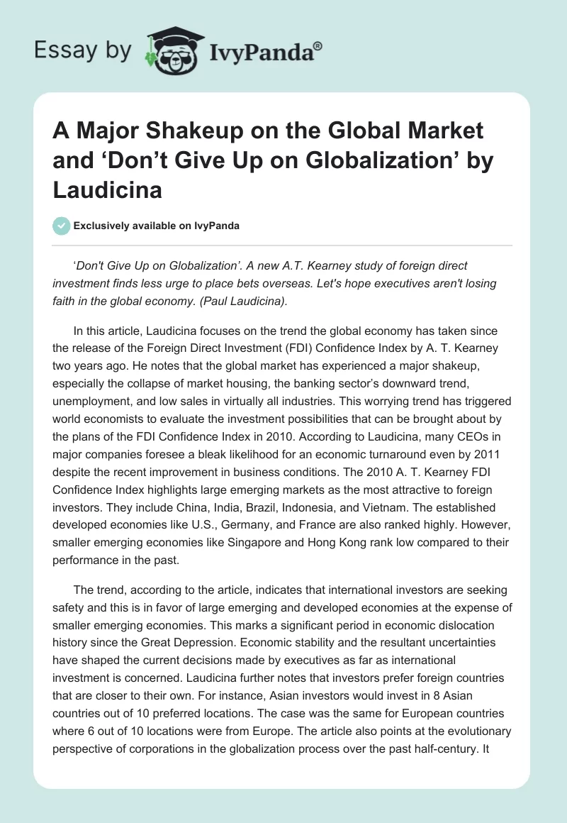 A Major Shakeup on the Global Market and ‘Don’t Give Up on Globalization’ by Laudicina. Page 1