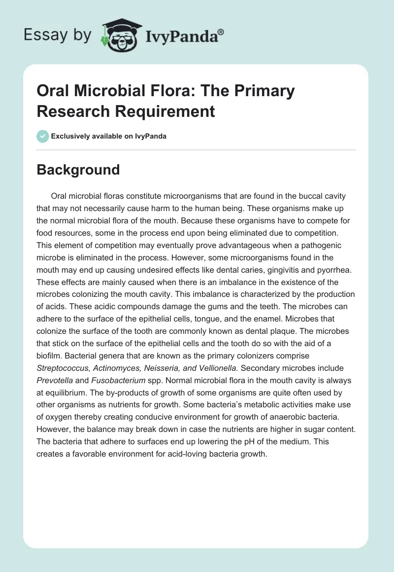 Oral Microbial Flora: The Primary Research Requirement. Page 1
