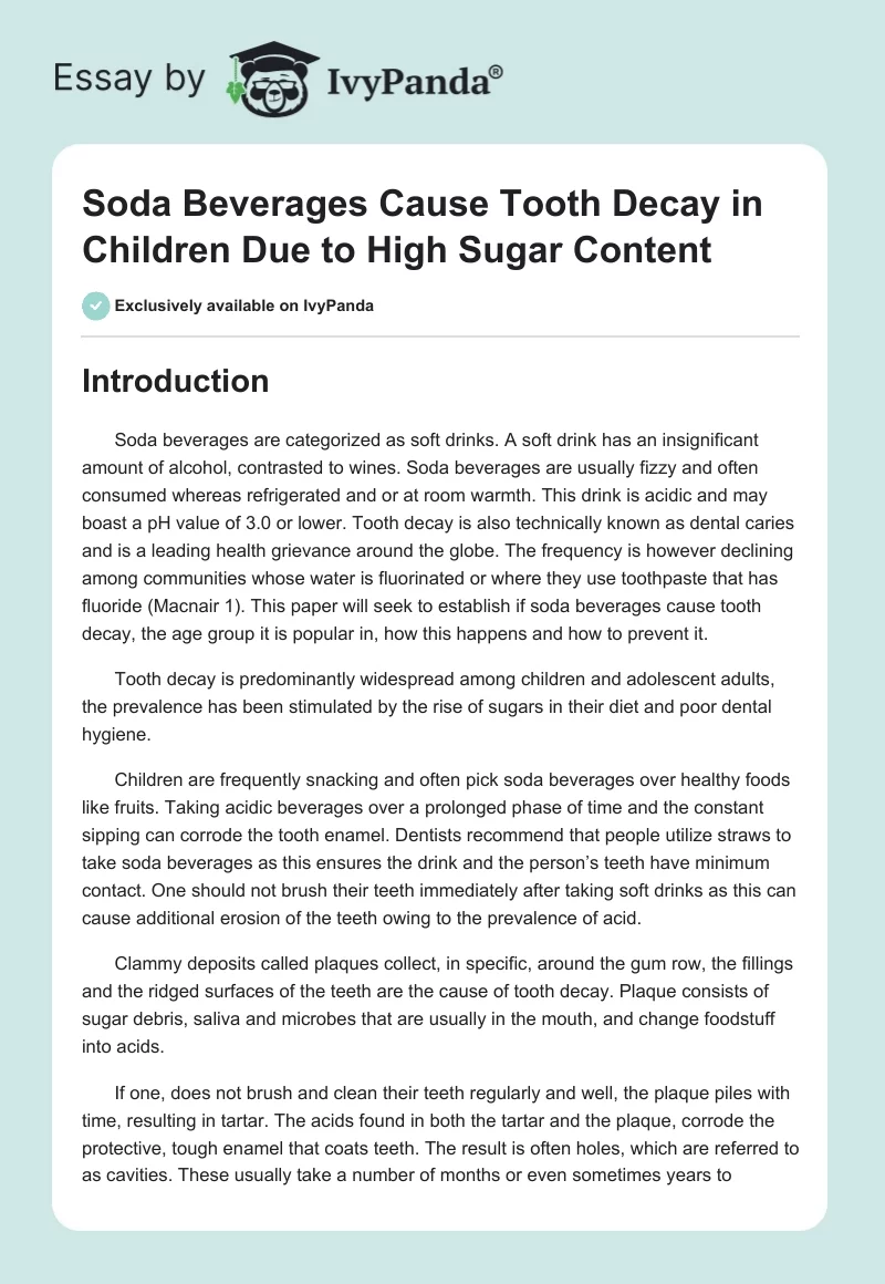 Soda Beverages Cause Tooth Decay in Children Due to High Sugar Content. Page 1