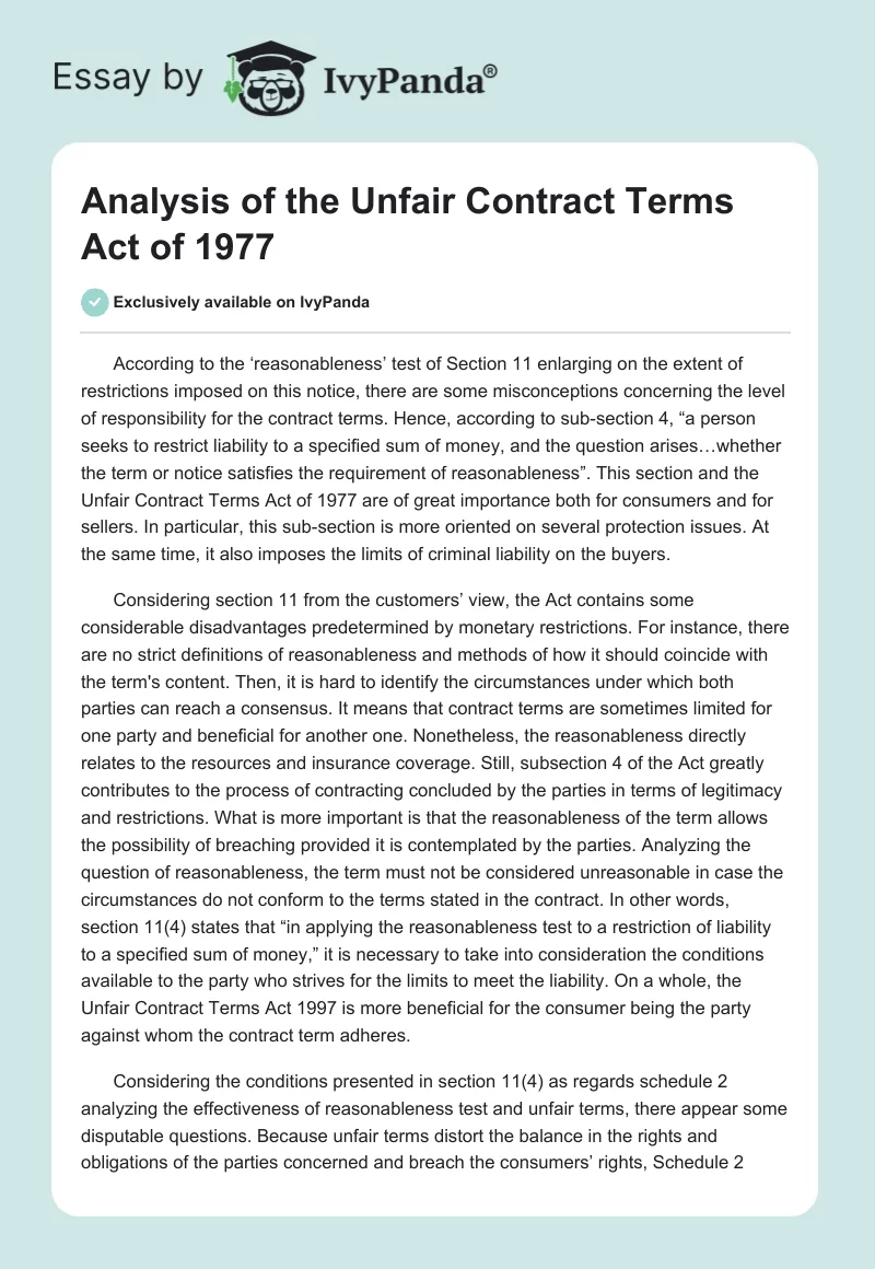 Analysis of the Unfair Contract Terms Act of 1977. Page 1
