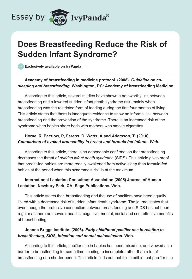 Does Breastfeeding Reduce the Risk of Sudden Infant Syndrome?. Page 1