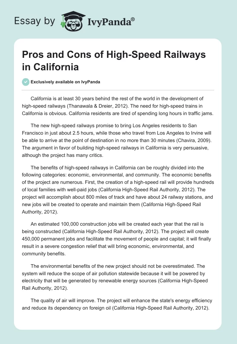 Pros and Cons of High-Speed Railways in California. Page 1