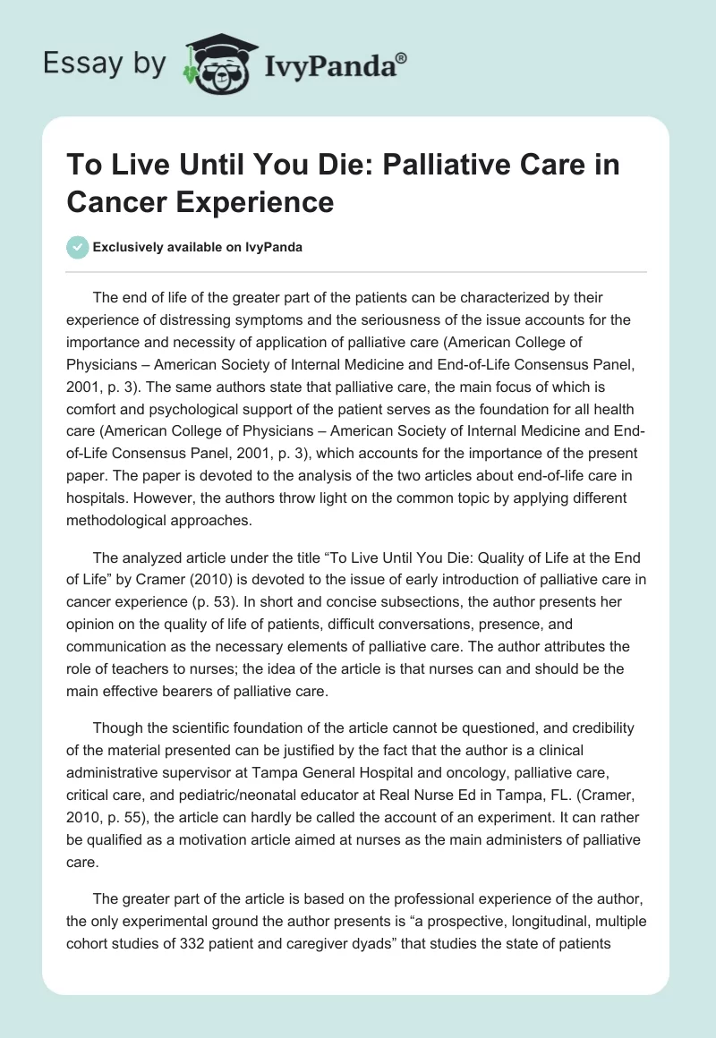 To Live Until You Die: Palliative Care in Cancer Experience. Page 1