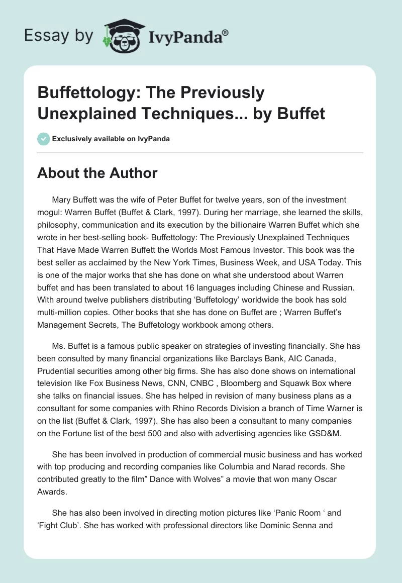"Buffettology: The Previously Unexplained Techniques..." by Buffet. Page 1