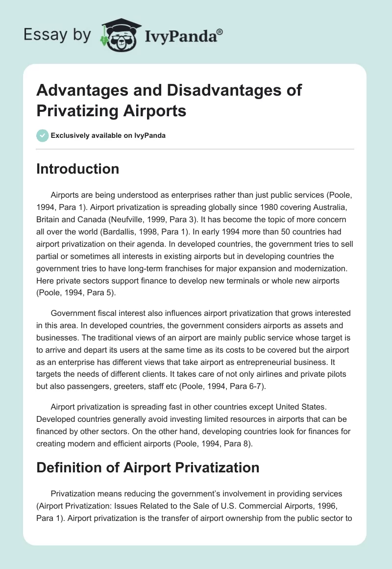 Advantages and Disadvantages of Privatizing Airports. Page 1