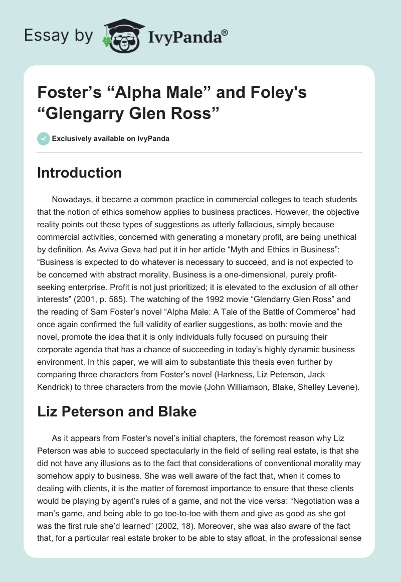 Foster’s “Alpha Male” and Foley's “Glengarry Glen Ross”. Page 1