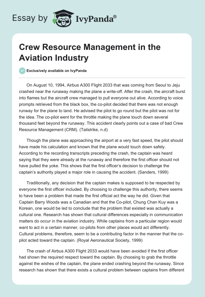 Crew Resource Management in the Aviation Industry. Page 1
