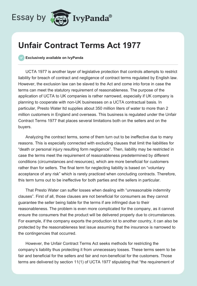 Unfair Contract Terms Act 1977. Page 1