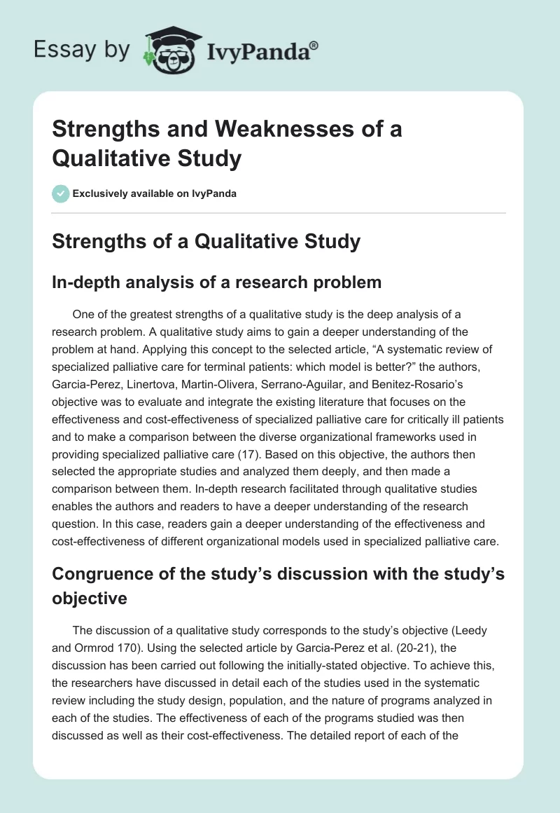 Strengths and Weaknesses of a Qualitative Study. Page 1