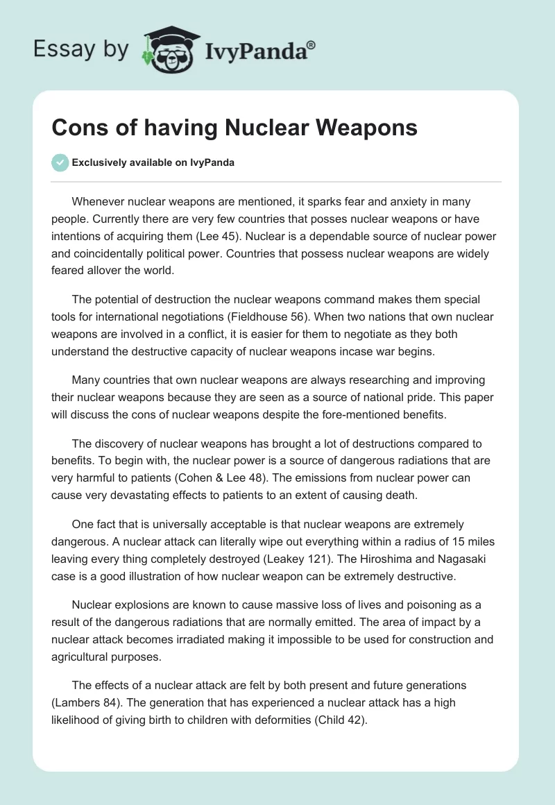 Cons of having Nuclear Weapons. Page 1