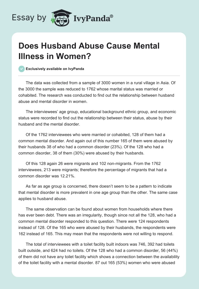 Does Husband Abuse Cause Mental Illness in Women?. Page 1