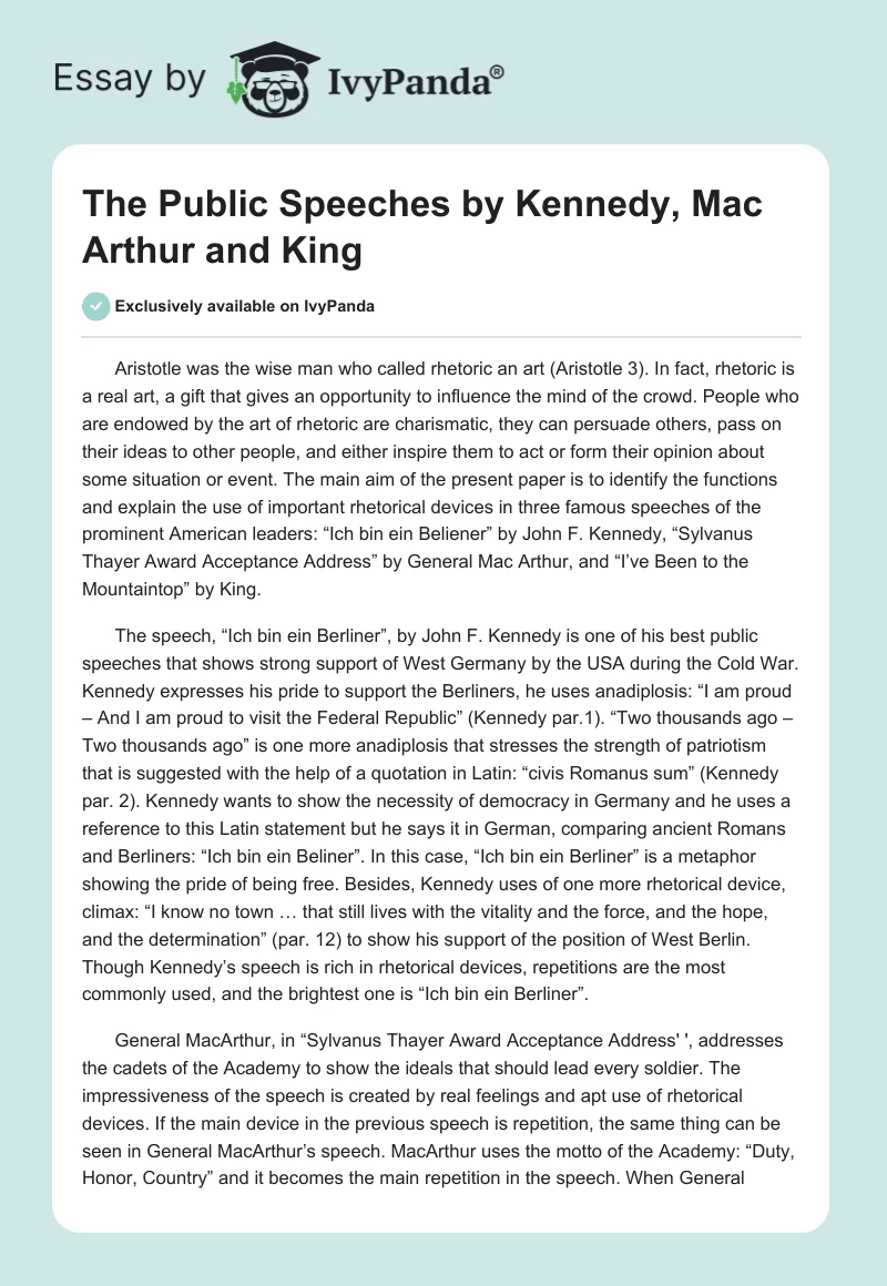 The Public Speeches by Kennedy, Mac Arthur and King. Page 1