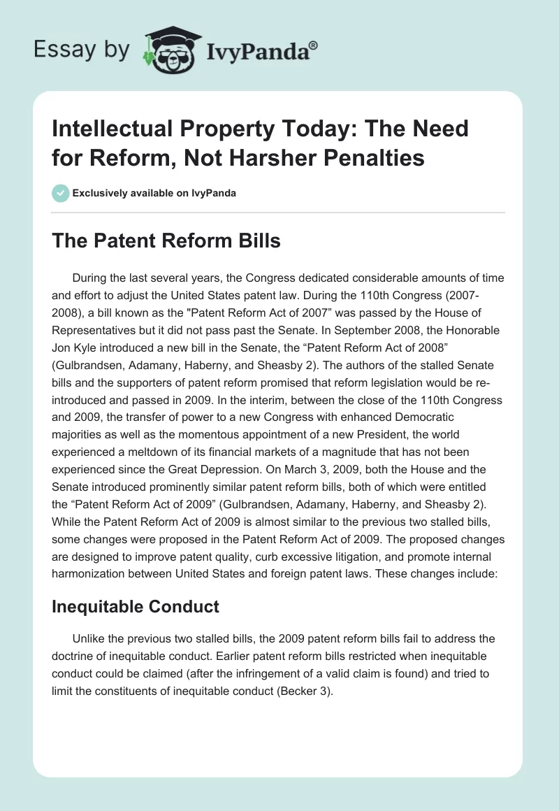 Intellectual Property Today: The Need for Reform, Not Harsher Penalties. Page 1