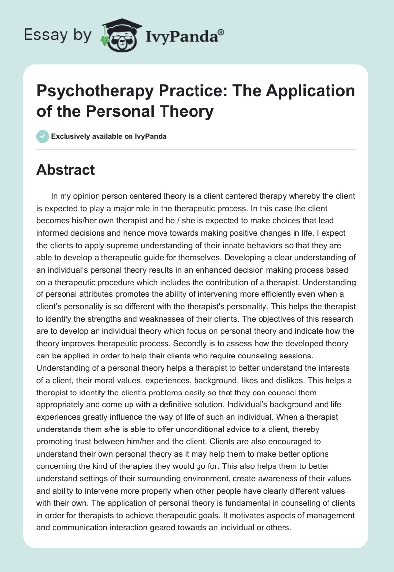 Psychotherapy Practice: The Application of the Personal Theory. Page 1