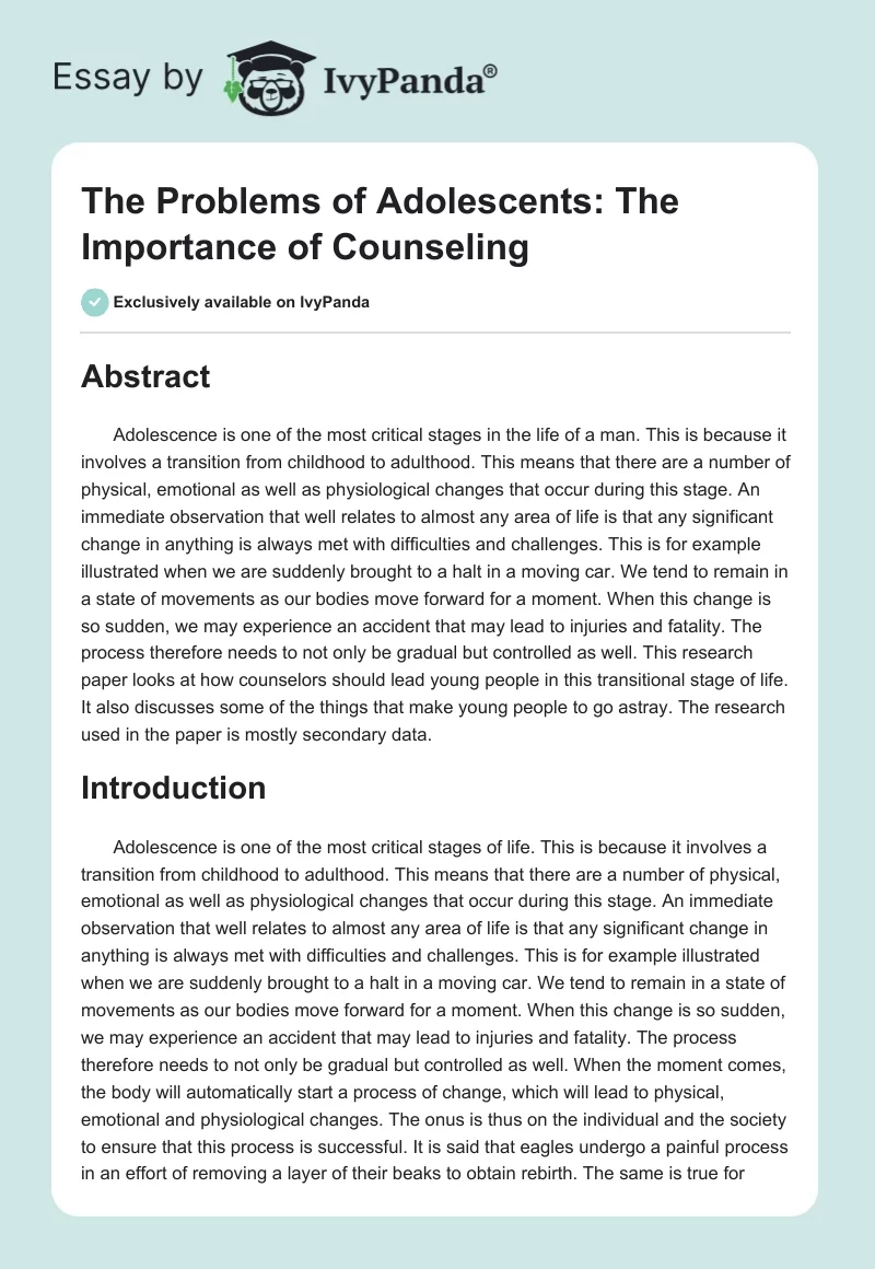 The Problems of Adolescents: The Importance of Counseling. Page 1