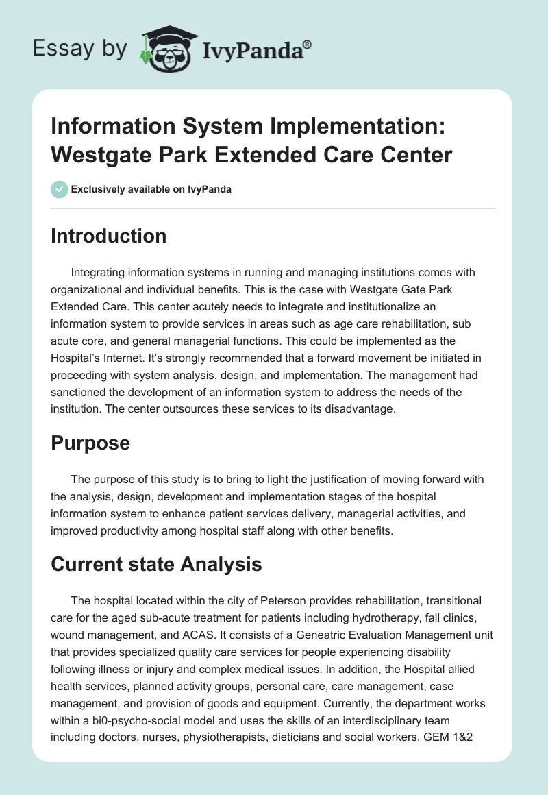 Information System Implementation: Westgate Park Extended Care Center. Page 1