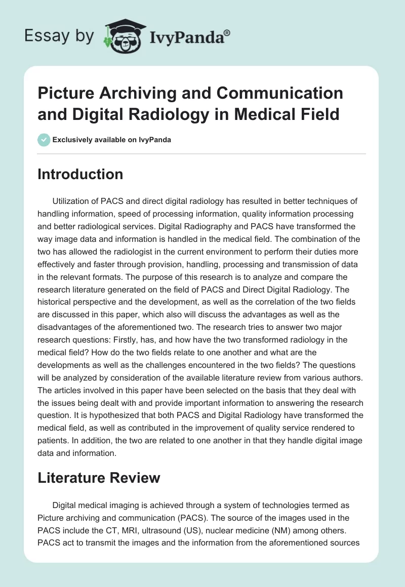Picture Archiving and Communication and Digital Radiology in Medical Field. Page 1