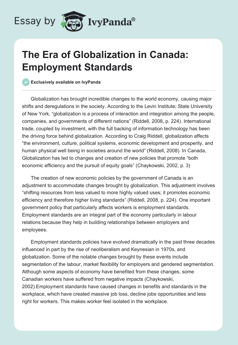 The Era of Globalization in Canada: Employment Standards. Page 1
