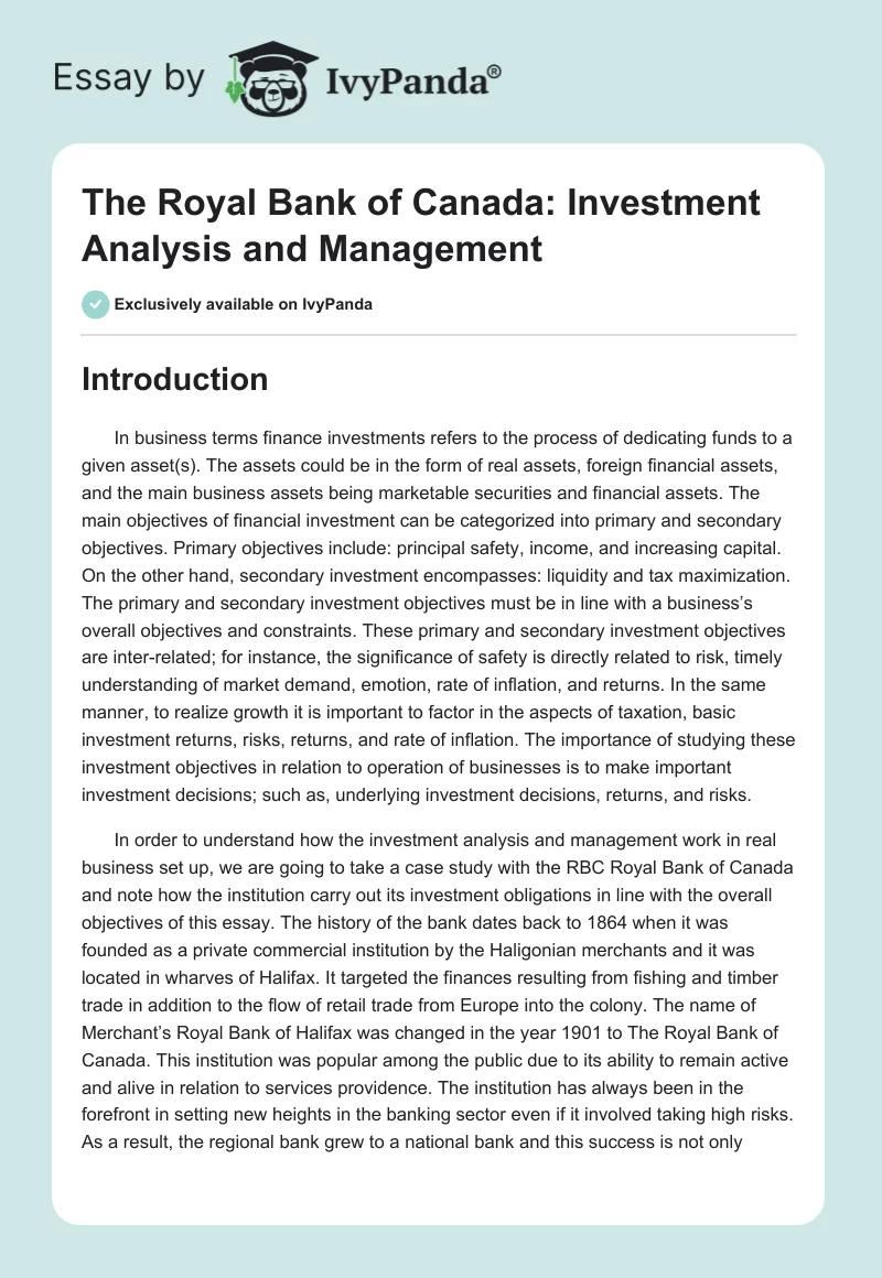 The Royal Bank of Canada: Investment Analysis and Management. Page 1