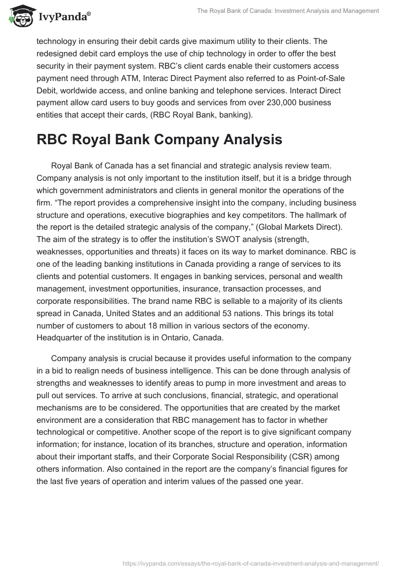 The Royal Bank of Canada: Investment Analysis and Management. Page 5