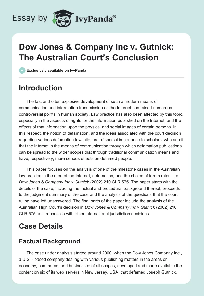Dow Jones & Company Inc. vs. Gutnick: The Australian Court’s Conclusion. Page 1