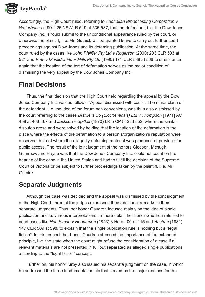 Dow Jones & Company Inc. vs. Gutnick: The Australian Court’s Conclusion. Page 4