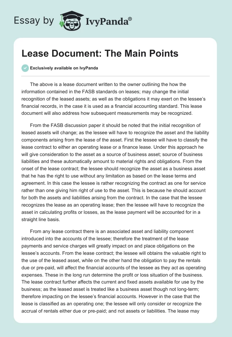 Lease Document: The Main Points. Page 1
