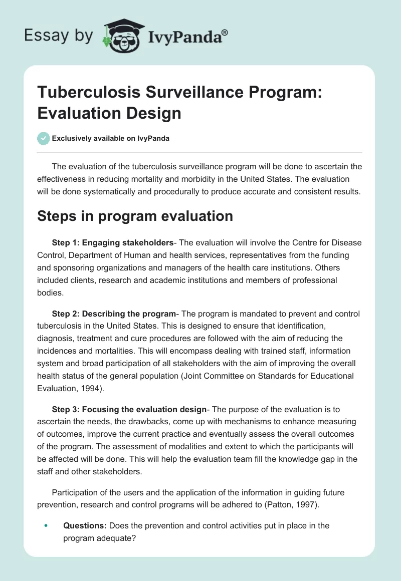 Tuberculosis Surveillance Program: Evaluation Design. Page 1