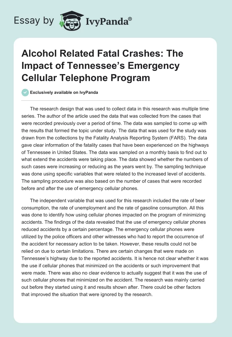 Alcohol Related Fatal Crashes: The Impact of Tennessee’s Emergency Cellular Telephone Program. Page 1