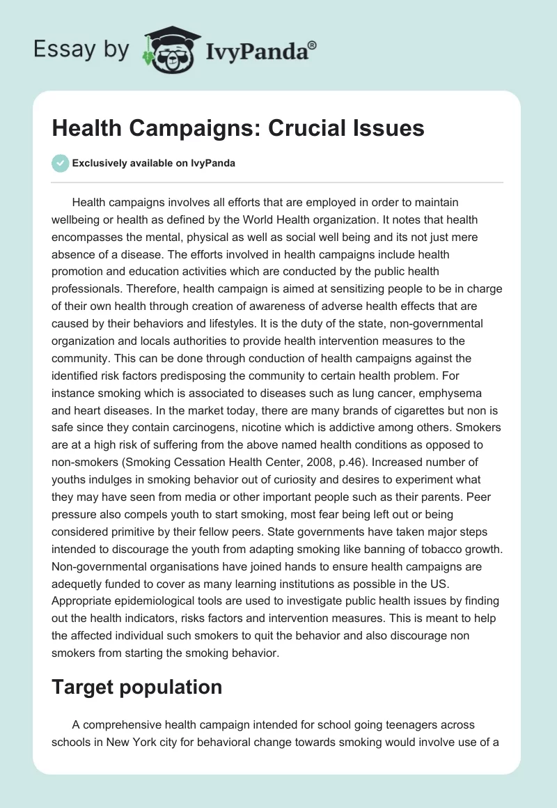 Health Campaigns: Crucial Issues. Page 1