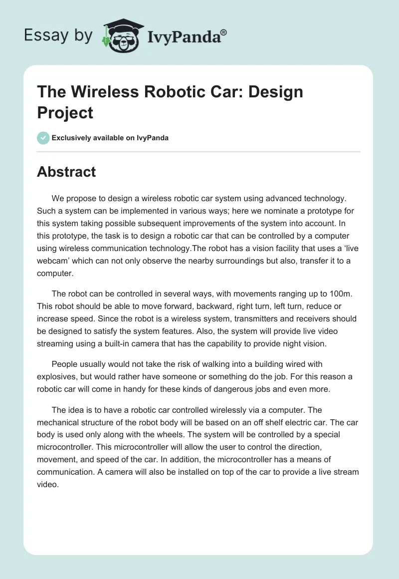 The Wireless Robotic Car: Design Project. Page 1